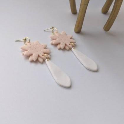 Pink Flower Polymer Clay Earrings, Dangle..