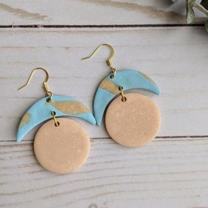 Moon And Planet Polymer Clay Earrings, Dangle..