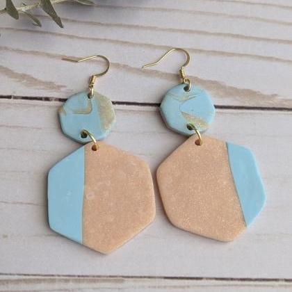 Pink And Blue Polymer Clay Earrings, Dangle..