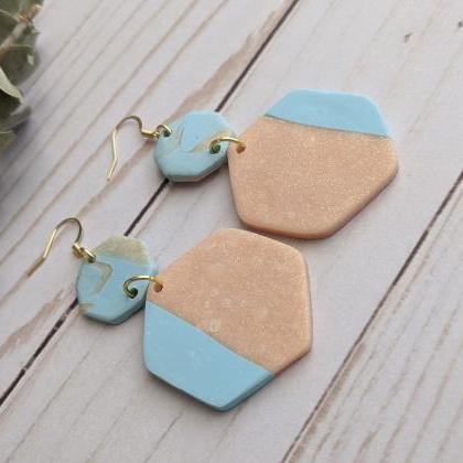 Pink And Blue Polymer Clay Earrings, Dangle..