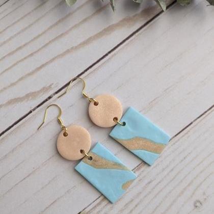 Rectangle And Circle Polymer Clay Earrings, Dangle..