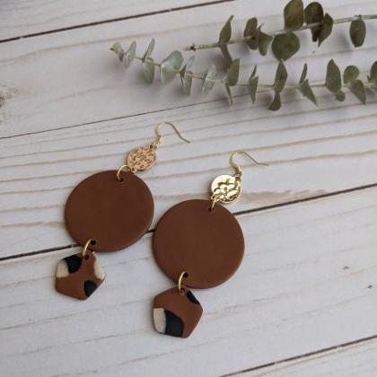 Brown And Tan Polymer Clay Earrings, Dangle..