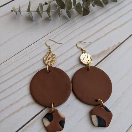 Brown And Tan Polymer Clay Earrings, Dangle..