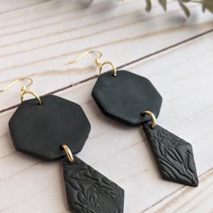 Black Floral Polymer Clay Earrings, Dangle..
