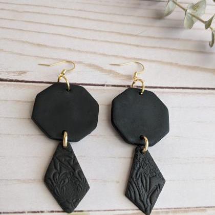 Black Floral Polymer Clay Earrings, Dangle..