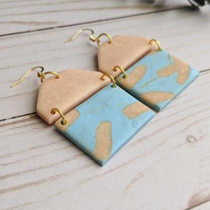 Pink And Blue Funky Polymer Clay Earrings, Dangle..