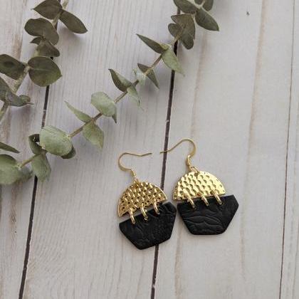 Black And Gold Polymer Clay Earrings, Dangle..