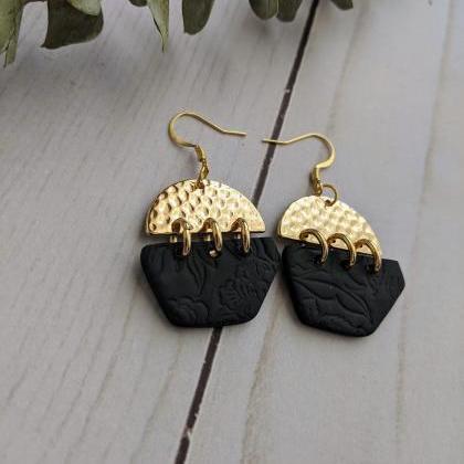 Black And Gold Polymer Clay Earrings, Dangle..