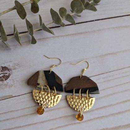 Tan And Gold Polymer Clay Earrings, Dangle..