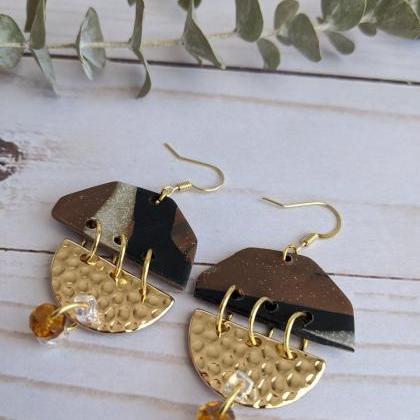 Tan And Gold Polymer Clay Earrings, Dangle..