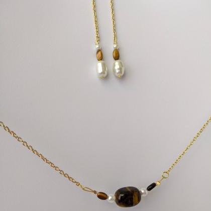 Pearl And Tigers Eye Gemstone Necklace And Dangle..
