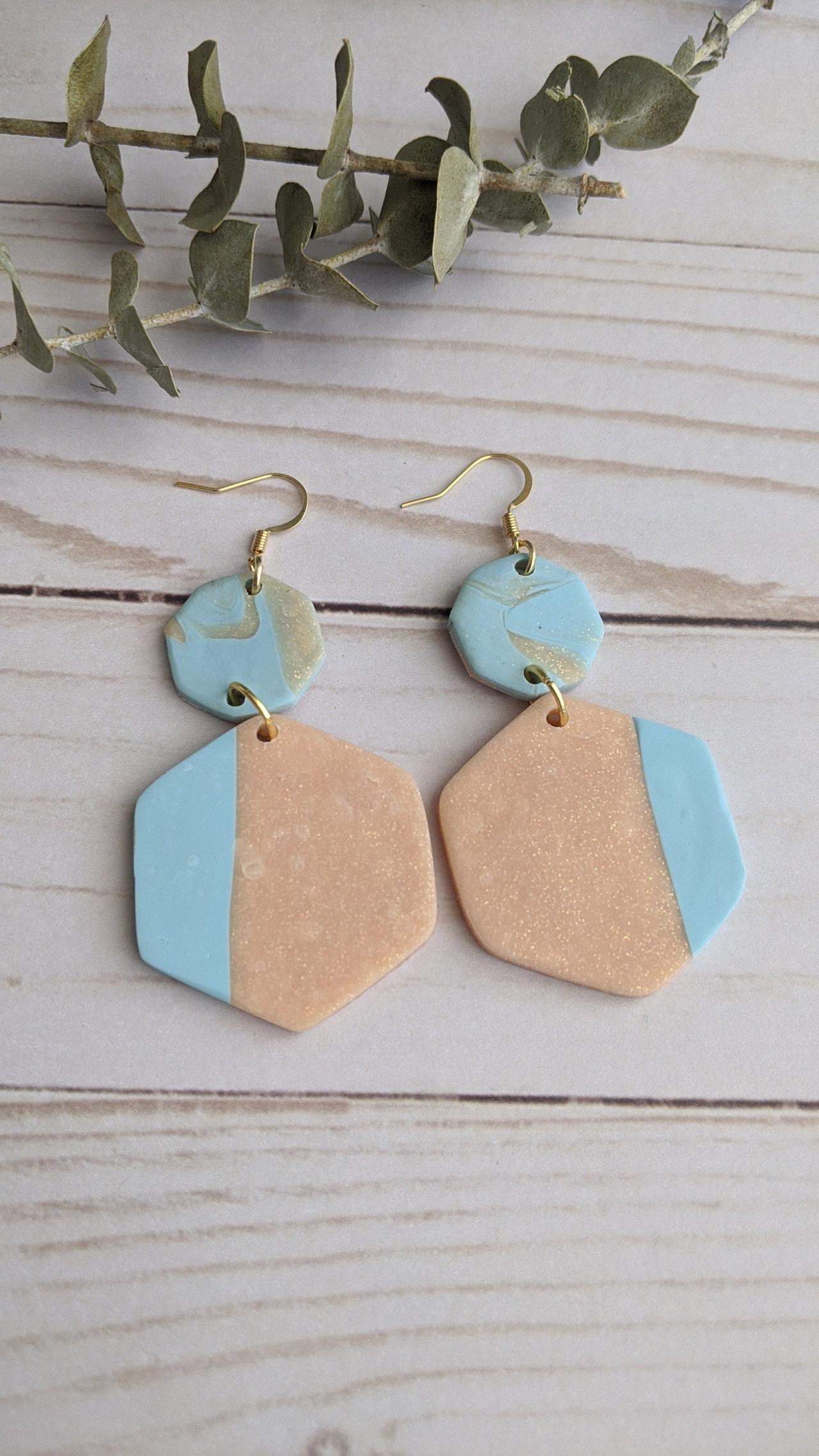 Pink And Blue Polymer Clay Earrings, Dangle Earrings, Clay Statement Earrings, Handmade Clay Earrings, Custom Clay Earrings, Clay Earrings