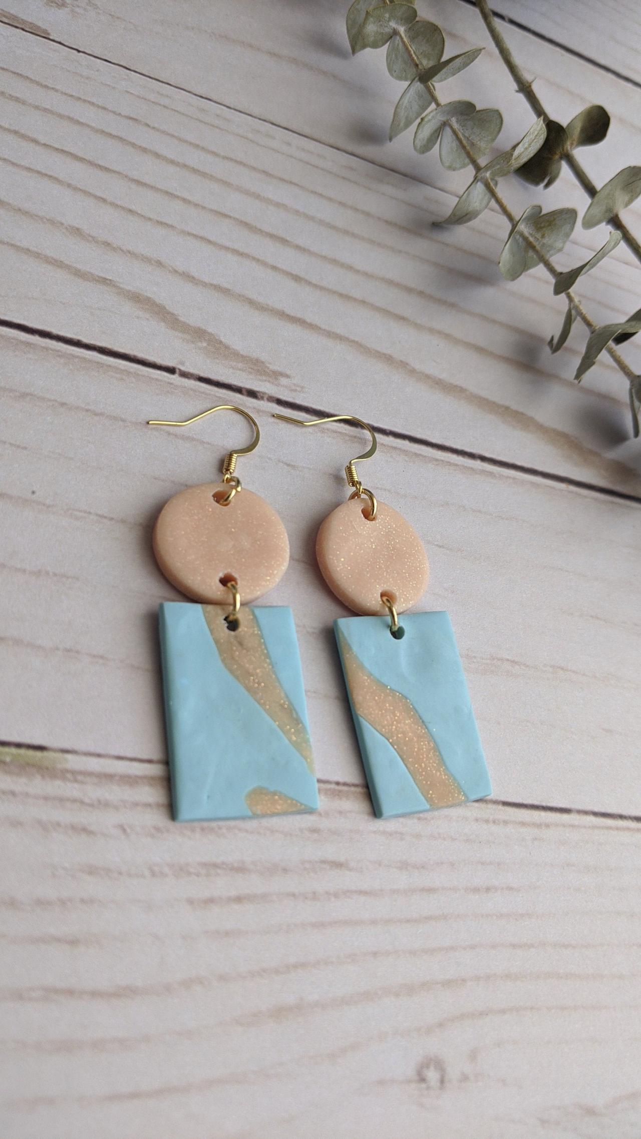 Rectangle And Circle Polymer Clay Earrings, Dangle Earrings, Clay Statement Earrings, Handmade Earrings, Custom Clay Earrings, Clay Earrings