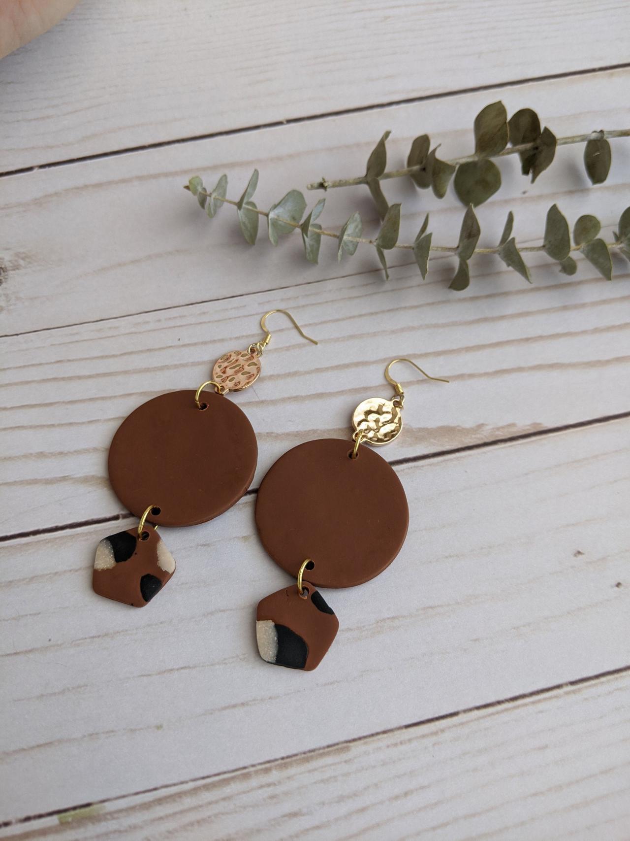 Brown And Tan Polymer Clay Earrings, Dangle Earrings, Clay Statement Earrings, Handmade Clay Earrings, Custom Clay Earrings, Clay Earrings