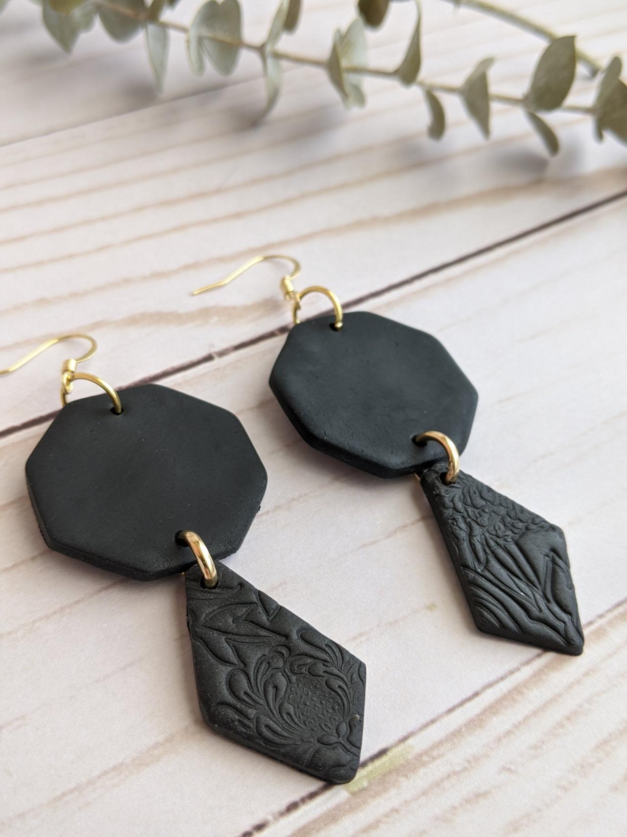 Black Floral Polymer Clay Earrings Dangle Earrings Clay