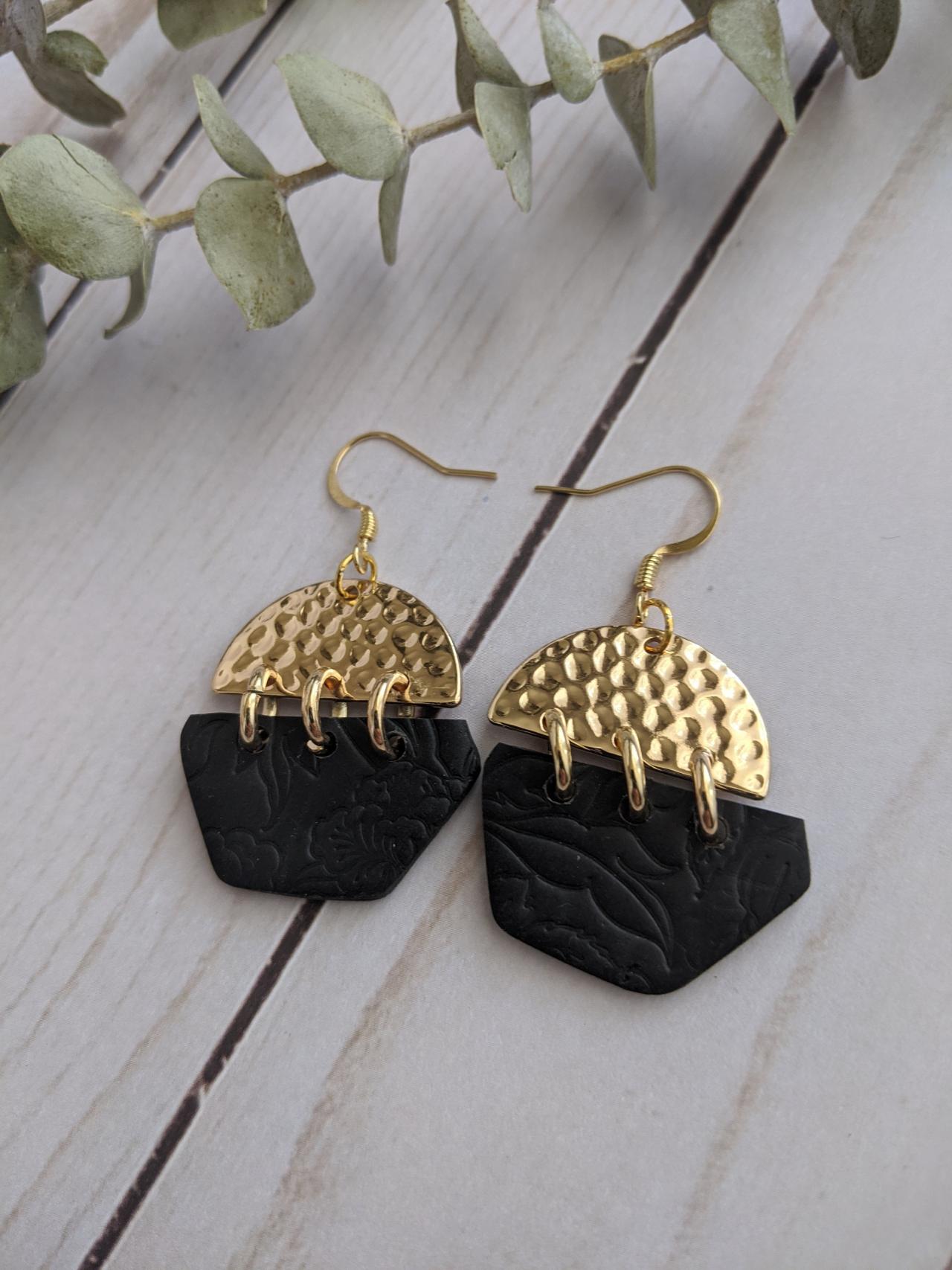 Black And Gold Polymer Clay Earrings, Dangle Earrings, Clay Statement Earrings, Handmade Clay Earrings, Custom Clay Earrings, Clay Earrings