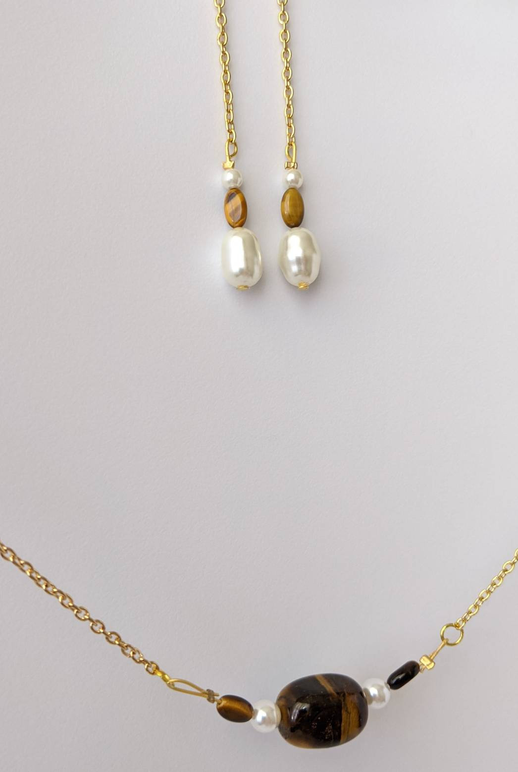Pearl And Tigers Eye Gemstone Necklace And Dangle Earring Set